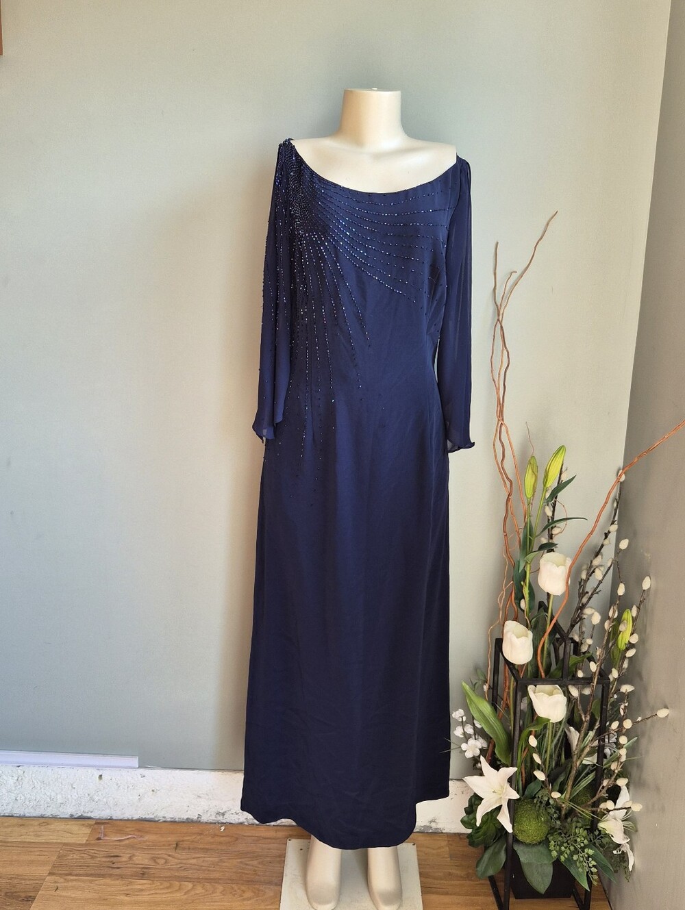 Caterina Collection Navy Evening Maxi Dress with Beaded Detail Size M